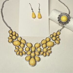 Yellow Floral Necklace Earring Stretch Ring Set